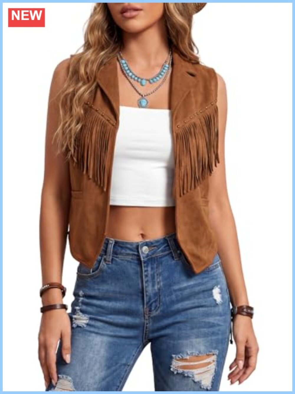 Faux Suede Tassel Vest Open Front Western Waistcoat